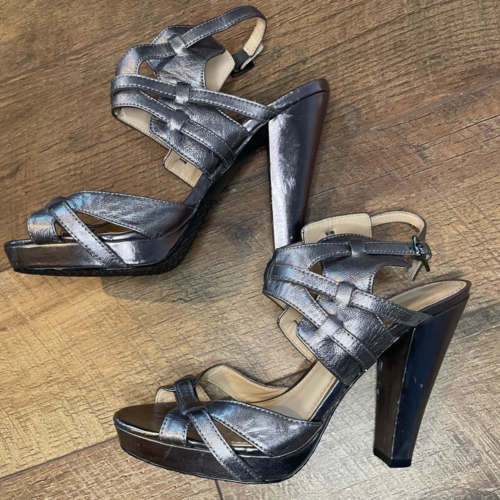 Calvin Klein POSHA Metallic Strappy Platform Block Heel Sandals 10M Silver 4”